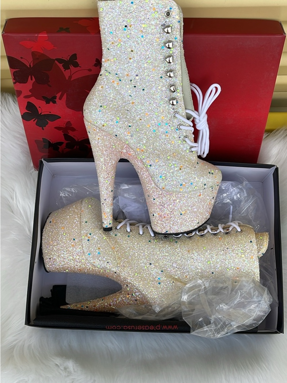 NEW! Pleaser Adore 1020GDLG White Multi Glitter 7" Lace Up Platform Boots